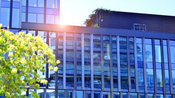 City life, urban landscape and ecology. Modern office complex with glass facades and smooth lines against backdrop of green trees, concept of modern architecture. Organically building into nature. photo