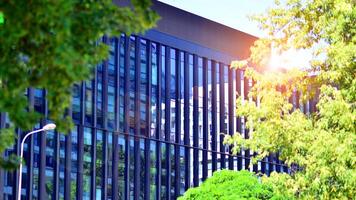 City life, urban landscape and ecology. Modern office complex with glass facades and smooth lines against backdrop of green trees, concept of modern architecture. Organically building into nature. photo