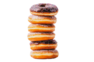 Stacked donuts with chocolate glaze and colorful sprinkles on display at a bakery png