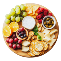 A vibrant cheese platter featuring assorted fruits, crackers, and cheeses arranged on a wooden board for an afternoon picnic png