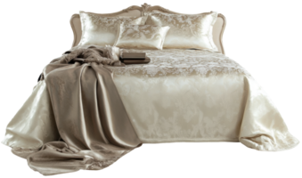Elegant bedroom setting with luxurious bedding, cut out - stock . png
