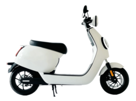 White electric scooter parked on a flat surface, showcasing a modern design and compact size suitable for urban commuting, cut out - stock . png