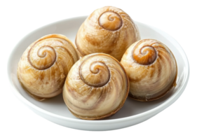 Freshly prepared spiral snails served in a white bowl, cut out - stock . png