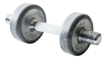 A sturdy dumbbell rests on a flat surface, showcasing its metallic finish and rubber ends in a well-lit gym environment, cut out - stock . png