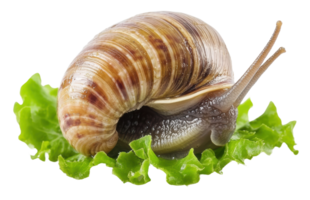 Snail on fresh green lettuce, showcasing its spiral shell and antennae in a natural setting, cut out - stock . png