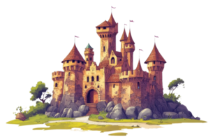 A whimsical medieval castle surrounded by greenery and rocks on a sunny day, cut out - stock . png