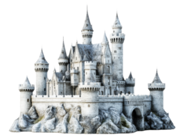 A majestic medieval castle on rocky terrain with multiple towers and an entrance bridge, cut out - stock . png