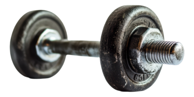 A close-up of a rusty dumbbell, highlighting wear and tear from years of use in a home gym, cut out - stock . png