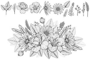 Hand Drawn Engraving Pen and Ink Flowers Collection and bouquet. Engraved arrangement of roses, daisy, and wild flowers and leaves. Botanical illustration. Black and white. vector