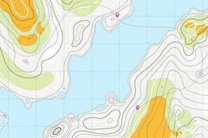 Hand drawn topographic map with river. Contour of island relief. Abstract design. vector