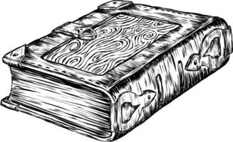 black and white drawing ancient book leather-bound folio with metal edging. illustration is an ancient book with patterns and a strap for fastening the book. Thick Paper Book Chronicle or vector