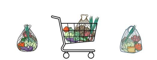 Set of products, vegetables in a cart, basket, string bag. Shopping bags and baskets flat illustrations set. vector