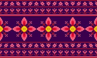 a detailed fabric pattern composed of pixel designs ,red flowers ,red Square on purple background. vector