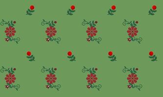 a detailed fabric pattern composed of shape designs,red flower,leaf on green background. vector