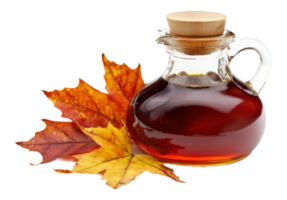 Maple syrup bottle with autumn leaves, cut out - stock . png
