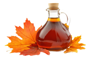 Maple syrup in a glass bottle with autumn leaves, cut out - stock . png
