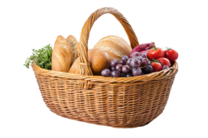 Fresh produce and bread in a wicker basket, cut out - stock . png