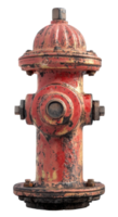 Old red fire hydrant displaying signs of wear and tear in a city environment, cut out - stock . png