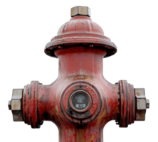 Red fire hydrant with a weathered appearance in a urban setting, cut out - stock . png