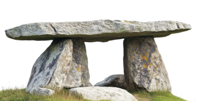 Ancient stone table monument located in a grassy field with a cloudy sky overhead during daylight, cut out - stock . png