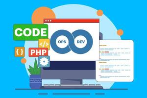 Software development and operations program practice concept, DevOps methodology, technical support, automation process, software development and operations, flat illustration. vector