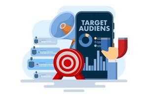 Target audience concept, advertising placement on social networks in smartphone applications, customer outreach, digital targeting marketing, business goals, sales generation. flat illustration. vector