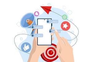 Concept of sending email to friends, email marketing, holding smartphone with contact list on screen, referring friends, flat illustration template for website banner, landing page. vector