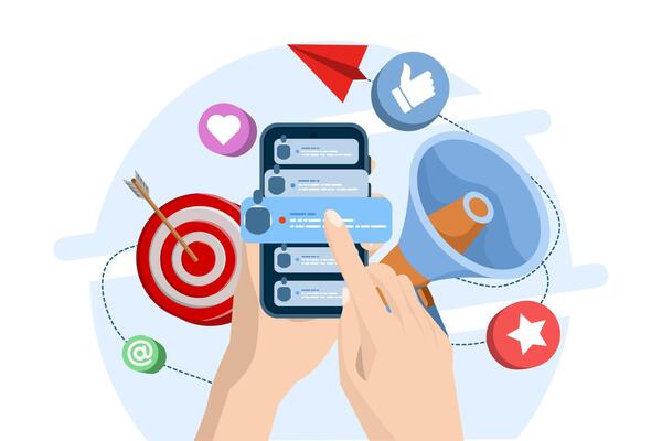 Concept of sending email to friends, email marketing, holding smartphone with contact list on screen, referring friends, flat illustration template for website banner, landing page.