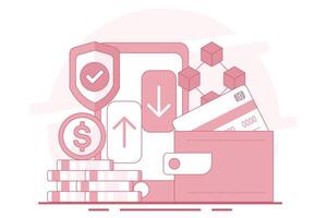 Concept of Mobile wallet or saving money online. online banking infographics, mobile bill payments, start-up business projects, online surveys, business planning. flat illustration. vector