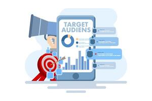 Target audience concept, advertising placement on social networks in smartphone applications, customer outreach, digital targeting marketing, business goals, sales generation. flat illustration. vector