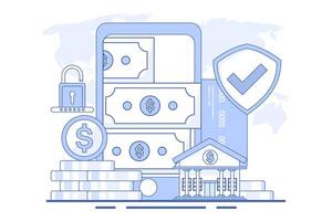 Concept of online banking or saving money online, mobile bill payment, mobile wallet, start-up business project, online survey, business planning. flat illustration on background. vector