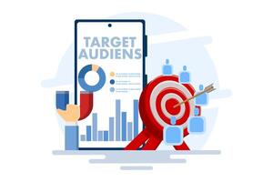 Target audience concept, advertising placement on social networks in smartphone applications, customer outreach, digital targeting marketing, business goals, sales generation. flat illustration. vector