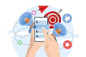 Concept of sending email to friends, email marketing, holding smartphone with contact list on screen, referring friends, flat illustration template for website banner, landing page. vector