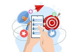 Concept of sending email to friends, email marketing, holding smartphone with contact list on screen, referring friends, flat illustration template for website banner, landing page. vector