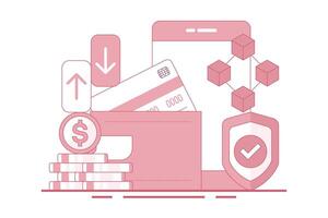 Concept of Mobile wallet or saving money online. online banking infographics, mobile bill payments, start-up business projects, online surveys, business planning. flat illustration. vector