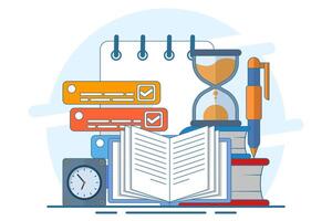 Exam concept, exam paper with timer and hourglass, Exam, Survey, Checklist, Test, Assignment deadline, exam preparation, subject learning course, education concept. flat illustration. vector