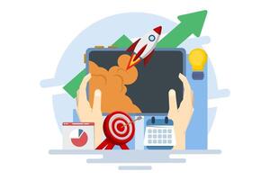 Startup business project concept, business project planning. Successful startup launch, business target development plan, startup business project, online survey, business planning. vector