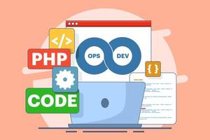 Software development and operations program practice concept, DevOps methodology, technical support, automation process, software development and operations, flat illustration. vector