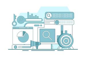 search engine optimization concepts, SEO, search engine optimization algorithms, data monitoring and analysis, business marketing, SEO link building strategies. flat illustration on background. vector