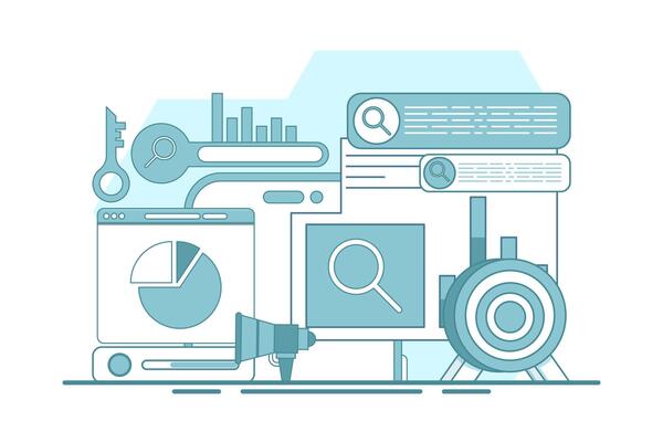 search engine optimization concepts, SEO, search engine optimization algorithms, data monitoring and analysis, business marketing, SEO link building strategies. flat illustration on background.