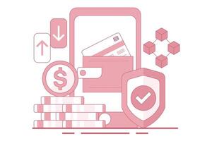 Concept of Mobile wallet or saving money online. online banking infographics, mobile bill payments, start-up business projects, online surveys, business planning. flat illustration. vector