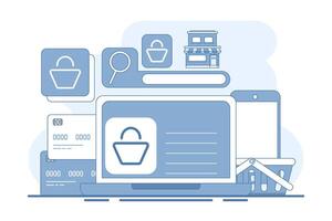Concept of e-commerce, business marketing, online shopping, Online ordering, e-commerce website, Digital or Virtual market, buy from online shop. flat illustration on background. vector