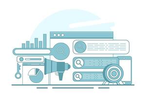 search engine optimization concepts, SEO, search engine optimization algorithms, data monitoring and analysis, business marketing, SEO link building strategies. flat illustration on background. vector