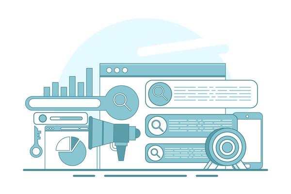 search engine optimization concepts, SEO, search engine optimization algorithms, data monitoring and analysis, business marketing, SEO link building strategies. flat illustration on background.