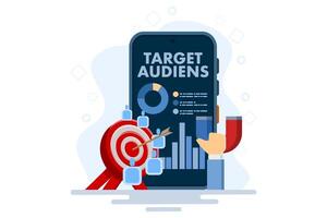 Target audience concept, advertising placement on social networks in smartphone applications, customer outreach, digital targeting marketing, business goals, sales generation. flat illustration. vector