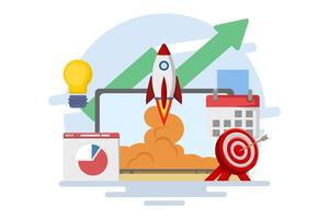 Startup business project concept, business project planning. Successful startup launch, business target development plan, startup business project, online survey, business planning. vector