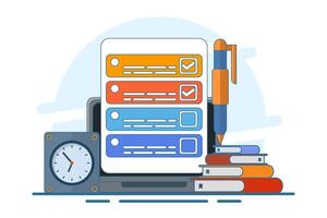 Exam concept, exam paper with timer and hourglass, Exam, Survey, Checklist, Test, Assignment deadline, exam preparation, subject learning course, education concept. flat illustration. vector