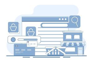 Concept of e-commerce, business marketing, online shopping, Online ordering, e-commerce website, Digital or Virtual market, buy from online shop. flat illustration on background. vector