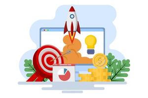 Startup business project concept, business project planning. Successful startup launch, business target development plan, startup business project, online survey, business planning. vector