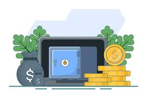 Safe money box concept, cartoon security deposit locker, closed bank iron door. White protected storage, save financial box concept. Password-locked secure front display button. illustration. vector